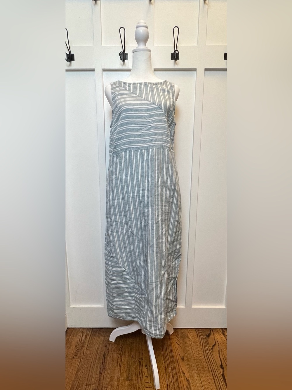 J. Jill Love Linen Size Small Blue Green White Stripe Sleeveless Maxi Dress Slit